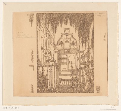 Frau in Tracht klopft an eine Haustür in Edam (Aan de voordeur) von Wijnand Otto Jan Nieuwenkamp (signed by artist)