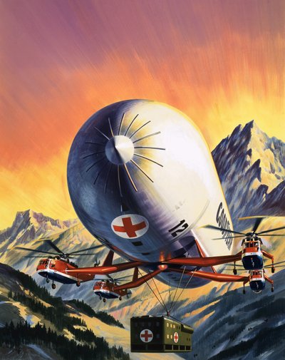 Eine futuristische Kombination aus Hubschraubern und Luftschiffen zum Transport großer Lasten von Wilf (20th century) Hardy