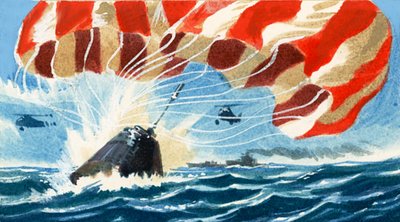 Eine Raumkapsel kehrt mit einem Fallschirm zur Erde zurück von Wilf (20th century) Hardy