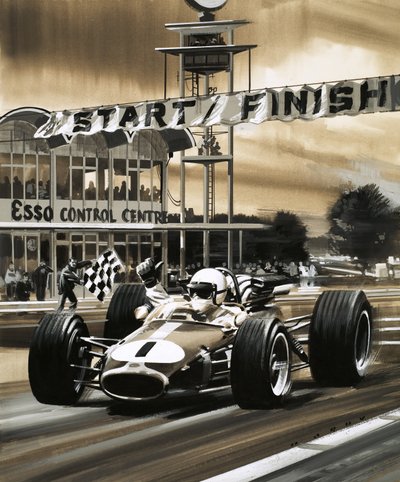 Jack Brabham zeigt den Daumen hoch, als er den ersten kanadischen Grand Prix gewinnt von Wilf (20th century) Hardy