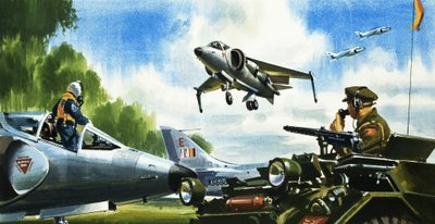 Schau -- Keine Landebahn. Die neuesten Entwicklungen in der Luftfahrt. Der Harrier Jump Jet von Wilf (20th century) Hardy