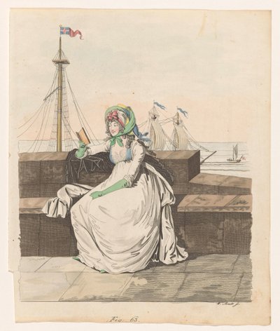 Lesende Frau an einem Kai, Segelschiffe im Hintergrund von Wilhelm Arndt