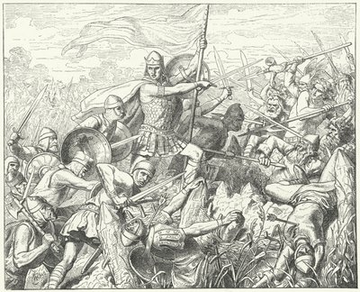 Arnulf von Kärnten stürmt die normannischen Verteidigungen am Fluss Dyle, 891 (Gravur) von Wilhelm Camphausen