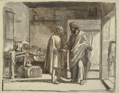 Der barmherzige Samariter bezahlt den Wirt von Wilhelm Marstrand