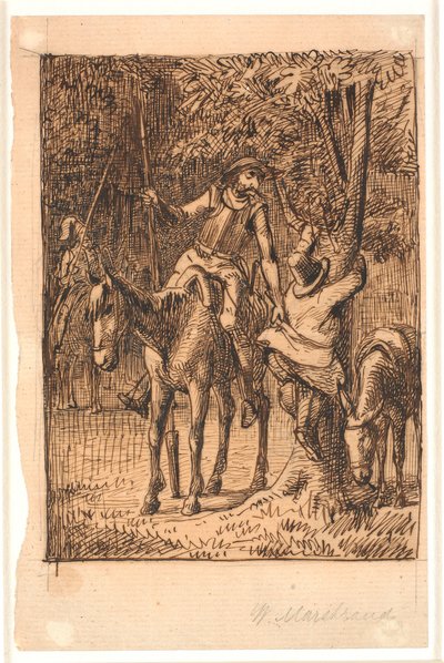 Vor dem Kampf mit dem Spiegelritter hilft Don Quixote Sancho Pansa auf einen Baum von Wilhelm Marstrand