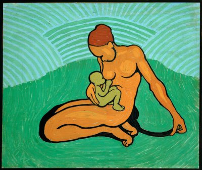 Mutter und Kind auf grünem Grund von Wilhelm Morgner