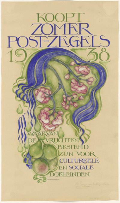 Entwurf für ein Plakat zum Verkauf von Sommerbriefmarken für das Jahr 1938 von Willem Arondéus (signed by artist)