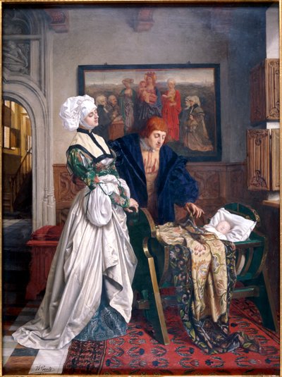Karl V. und Jeanne Vandergeynst an der Wiege ihrer Tochter Marguerite, 1870 von Willem Geets