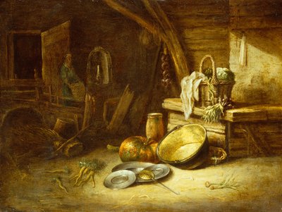 Eine Küche mit Gemüse in einem Weidenkorb, Zinntellern und einem Kürbis von Willem Kalf