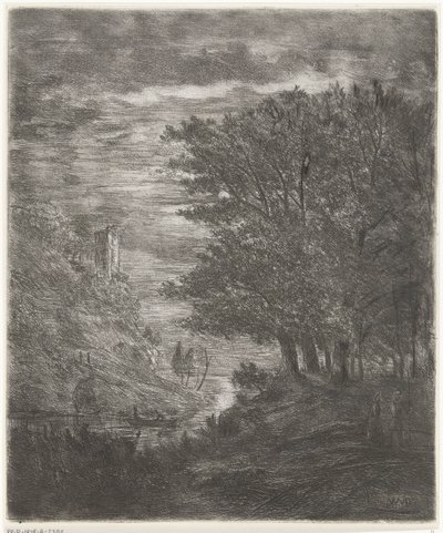 Hügellandschaft mit Ruine und Boot auf Wasser bei Mondlicht von Willem Matthias Jan van Dielen
