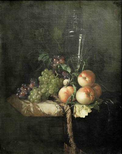 Trauben, Pfirsiche und großes Glas von Willem van Aelst