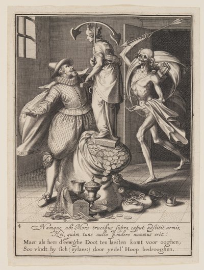 Tod mit einem Pfeil, der im Begriff ist, einen Mann niederzuschlagen, aus Allegorie des Missbrauchs weltlicher Güter von Willem van Swanenburgh