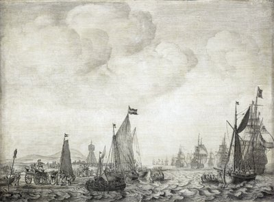 Handelsschiffe in den Orient und ihre Eskorte, die Vlie (oder Vliestroom) verlassen, Seeweg zwischen den Inseln Vlieland und Treschelling (Holland), 9. Juni 1645 von Willem van de the Elder Velde