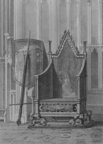Der Krönungsstuhl der englischen Souveräne, mit dem Schild und Schwert von Edward dem Dritten, Westminster Abbey von William (after) Capon