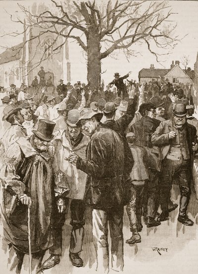 Streik der Landarbeiter in Warwickshire: Versammlung in Whitnash von William (after) Rainey