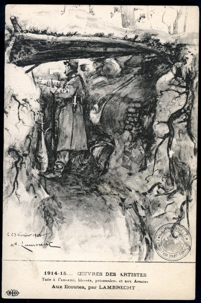 Erster Weltkrieg - Krieg 14-18 (1914-1918) - Erster Weltkrieg (WWI oder WW1): Frankreich, Patriotische Karte mit einer Zeichnung eines Soldaten in einem Schützengraben, der die Frontlinie beobachtet, betitelt: 
