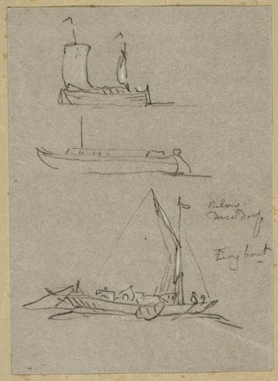 Drei Skizzen von Düsseldorfer Flussbooten von William Alfred Delamotte