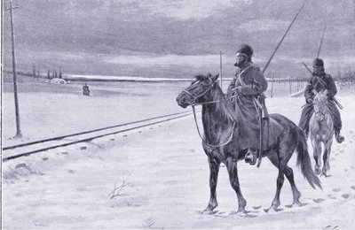 Bewachung der Eisenbahn in der Nähe von Mukden, Illustration aus Cassells Geschichte des Russisch-Japanischen Krieges Band 1, ca. 1900 von William Barnes Wollen