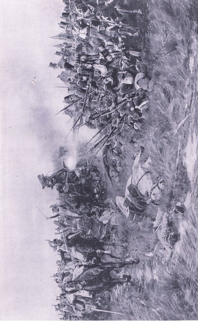 Das 28. Gloucester Regiment empfängt französische Kavallerie bei Waterloo am 18. Juni 1815, Illustration aus Britische Schlachten zu Land und zu Wasser, 1915 von William Barnes Wollen