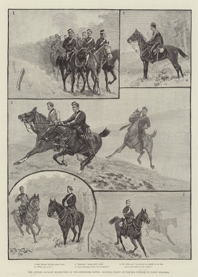 Die Herbstmanöver der Kavallerie auf den Berkshire Downs, Spähtrupp der 20. Husaren bei nebligem Wetter von William Barnes Wollen