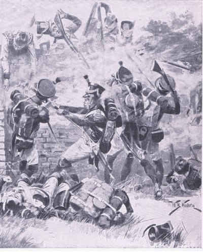 Der Angriff auf die Mauer bei Hougomont: Waterloo 1815, Illustration aus British Battles on Land and Sea, 1915 von William Barnes Wollen