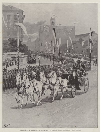 Besuch des Zaren und der Zarin in Wien, die beiden Kaiser reiten durch die Praterstraße von William Barnes Wollen