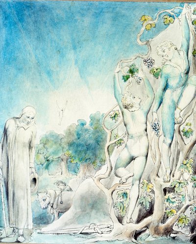 Comus trifft einen der Brüder, der beschäftigt ist, Früchte zu pflücken, um Lady zu füttern von William Blake