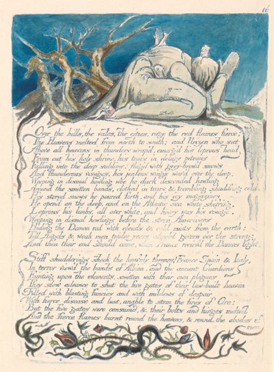 "Über die Hügel, die Täler, die Städte wüten die roten Flammen heftig..." (Platte 18) von William Blake