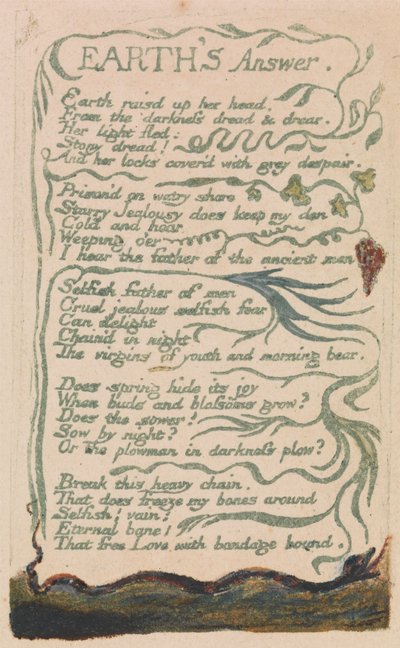 Lieder der Unschuld und der Erfahrung, Platte 35, "Antwort der Erde" (Bentley 31) von William Blake