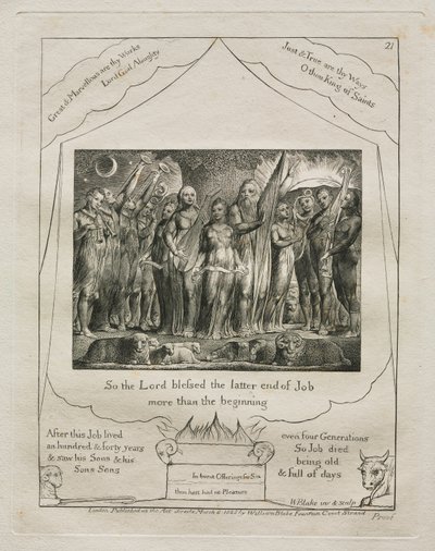 Das Buch Hiob: Pl. 21, So segnete der Herr das Ende Hiobs mehr als das, 1825 von William Blake