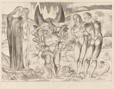 Der Kreis der Diebe, Agnolo Brunelleschi von einer sechsfingrigen Schlange angegriffen, 1827 von William Blake