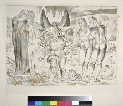 Der Kreis der Diebe: Agnolo Brunelleschi wird von einer sechsfingrigen Schlange angegriffen. Inferno, Canto XXV, Illustration zur Göttlichen Komödie von Dante Alighieri von William Blake