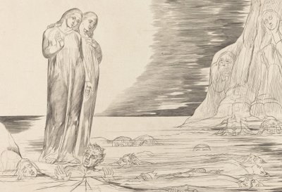 Der Kreis der Verräter, Dantes Fuß trifft Bocca degli Abbate, 1827 von William Blake