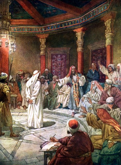 Jesus wird vom Hohepriester Kaiphas verhört - Bibel von William Brassey Hole