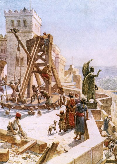 Usija errichtet Kriegsmaschinen auf den Mauern Jerusalems von William Brassey Hole