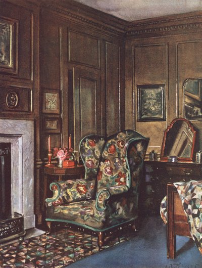 Inneneinrichtung: Ein Schlafzimmer mit braunen Wänden und lebhaften Farben von William Bruce Ellis Ranken