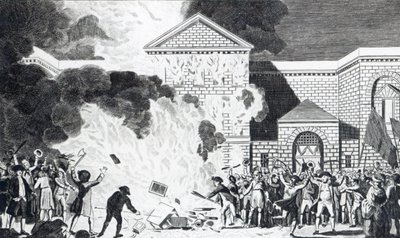 Die Verwüstungen durch die Aufständischen in London, die das neue Gefängnis von Newgate in Brand setzten und die Möbel von Mr. Akerman verbrannten, 6. Juni 1780, graviert von T. Thornton von William Hamilton