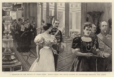 Empfang durch den Sultan im Yildiz Kiosk, Munir Pascha, der Zeremonienmeister, empfängt die Gäste von William Hatherell