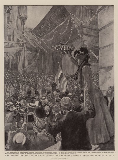 Die Prozession passiert die Gerichte, die Infanterie mit einer erbeuteten Transvaal-Flagge von William Hatherell