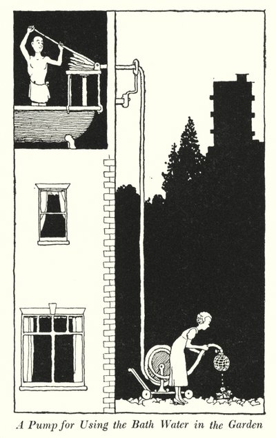Eine Pumpe zur Nutzung des Badewassers im Garten von William Heath Robinson