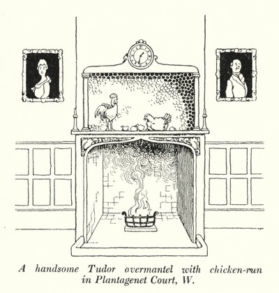Ein schöner Tudor-Kaminaufsatz mit Hühnerlauf in Plantagenet Court, W von William Heath Robinson