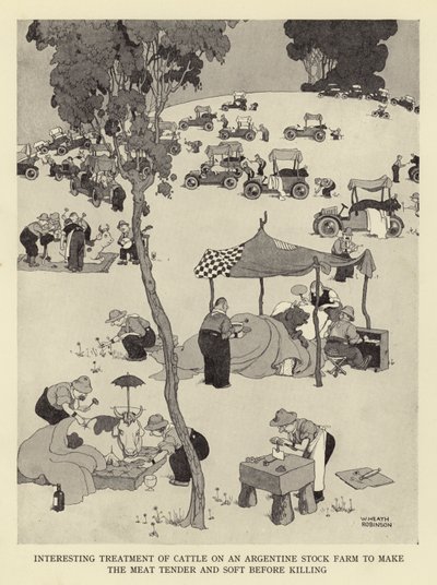 Interessante Behandlung von Rindern auf einer argentinischen Viehfarm, um das Fleisch vor dem Schlachten zart und weich zu machen von William Heath Robinson