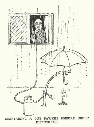 Ein Guy-Fawkes-Feuer unter schwierigen Bedingungen aufrechterhalten (Lithografie) von William Heath Robinson