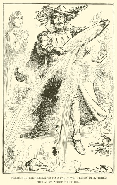 Petruchio, der vorgab, an jedem Gericht etwas auszusetzen zu haben, warf das Fleisch auf den Boden von William Heath Robinson