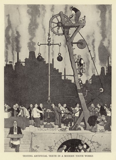 Testen künstlicher Zähne in einer modernen Zahnfabrik von William Heath Robinson