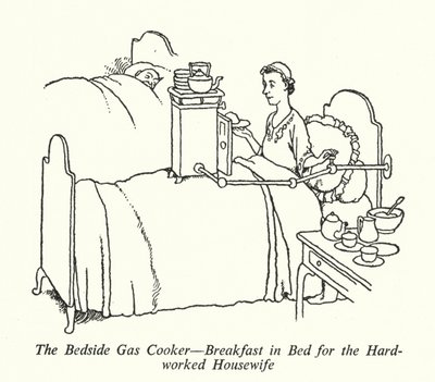 Der Gasherd am Bett, Frühstück im Bett für die hart arbeitende Hausfrau von William Heath Robinson
