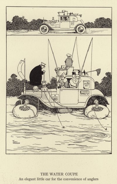 Der Wasser-Coupé, ein elegantes kleines Auto für die Bequemlichkeit der Angler von William Heath Robinson