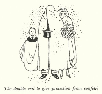 Der doppelte Schleier zum Schutz vor Konfetti (Lithografie) von William Heath Robinson