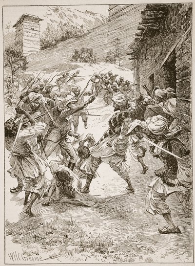 Leutnant Harley, an der Spitze von vierzig Sikhs und sechzig Kaschmiris, stürmte das Haus über dem Mund der Mine, Illustration aus 