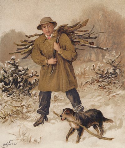 Mann und Hund sammeln Brennholz von William Henry James (after) Boot